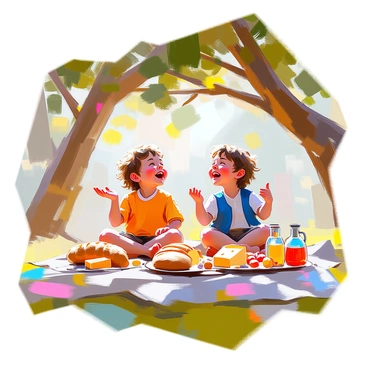 Merry and Pippin, two hobbits with curly hair and cheerful expressions, are sitting side by side under a large, leafy tree. The tree's branches spread wide, providing shade, and dappled sunlight filters through the leaves. On the ground in front of them is a picnic spread, featuring a variety of foods: a round loaf of bread, a wedge of cheese, some fresh fruit, and a couple of flagons filled with drink. The two hobbits are animatedly laughing, with Merry gesturing playfully and Pippin chuckling heartily. Their clothes are colorful and rustic, reflecting their cheerful personalities, and the atmosphere is lively and warm.