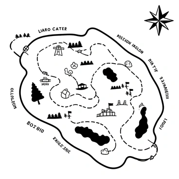 An illustrated map of an island with detailed outlines of its coastline. Multiple research stations are marked with distinct symbols, connected by winding paths. Observation points are indicated by flags placed on elevated areas. The terrain includes hills, forests, and sandy beaches. There are labels for various flora and fauna native to the island scattered throughout the map. A compass rose is situated in one corner, with a legend explaining the symbols used for research stations and observation points.
