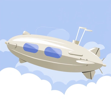 A retrofuturistic airship with a streamlined body featuring shiny chrome finishes. The airship has large, rounded windows and elegant fins that extend gracefully from its sides. It is soaring through a bright blue sky filled with a few fluffy white clouds, casting a soft shadow on the clouds below. The sunlight reflects off the chrome surfaces, creating glimmers that add to its futuristic appeal.