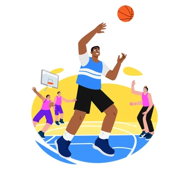 An athlete in mid-action during a basketball game, jumping high in the air while reaching for a basketball. The player is wearing a blue jersey with white stripes and black shorts. The athlete has a determined expression, showcasing focused eyes and slightly parted lips. The basketball is just above their fingertips, and their legs are bent to emphasize movement. The scene captures the dynamic motion of the game, with other players visible in the background, one attempting to block the shot. The court has painted lines and a hoop in the background, completing the sports scene.