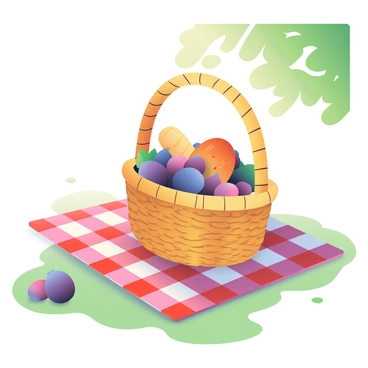 A picnic basket made of woven wicker is placed on a checkered cloth laid out on the grass. The basket is overflowing with ripe, purple figs and a freshly baked, golden-brown loaf of bread. The checkered cloth is red and white, contrasting with the natural green of the grass underneath. Scattered around the basket are a few figs that have rolled out, adding to the inviting scene. Bright sunlight filters through the leaves of a nearby tree, casting gentle shadows on the cloth.