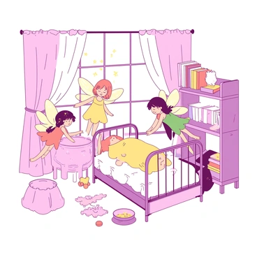 A group of small fairies with delicate wings is hovering around a newborn princess securely nestled in a soft, white crib. The fairies, adorned in flowing dresses of varied patterns, are gently spreading shimmering, golden sparkles over the sleeping infant. The nursery is decorated with pastel colors, featuring a large, ornate window draped with flowing sheer curtains. There are plush toys and colorful storybooks arranged neatly on a nearby shelf. The fairy light creates a magical ambiance, illuminating the peaceful scene in the royal setting.