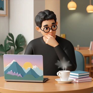 A photographer editing breathtaking nature photos on a laptop in a cafe
