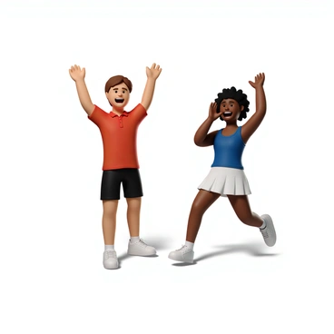 A doubles team consisting of two players, one with short brown hair and the other with curly black hair, is celebrating at the net after winning a point. The first player, wearing a red polo shirt and black shorts, raises both arms in triumph, showing a big smile on their face. The second player, dressed in a blue tank top and white skirt, jumps with excitement, clapping their hands together. The tennis court is visible in the background, with the net dividing the two sides. The sun is shining brightly, adding a lively atmosphere to the celebration.