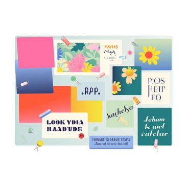 A vibrant mood board covered with fabric swatches, images, and typography samples