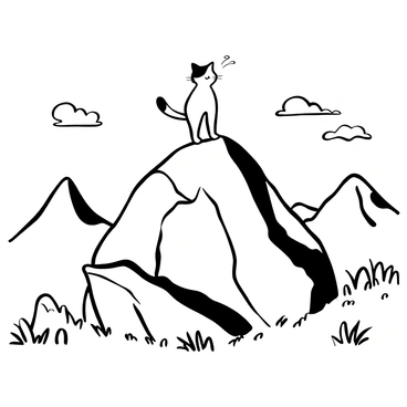 A cat standing proudly at the summit of a mountain peak, with its back straight and tail held high. The rugged mountain landscape stretches out in all directions, featuring steep cliffs and rocky outcrops beneath the cat's paws. In the background, other distant peaks are visible, creating a dramatic skyline against the horizon. Wispy clouds float above, adding depth to the scene. The foreground is dotted with patches of grass and small stones, enhancing the natural setting of the mountain peak.