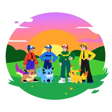 A group of four trainers from different Pokémon teams standing in a grassy field, ready to battle. The trainers are wearing distinct outfits that reflect their team colors: one in red, another in blue, the third in green, and the last in yellow. They are each accompanied by their Pokémon, which are positioned beside them in dynamic poses. The sky is filled with vibrant hues of orange, pink, and purple as the sun sets in the background, casting a warm glow over the scene. Each trainer has an eager expression, showcasing their determination. The grassy terrain is dotted with small wildflowers, adding a splash of color to the landscape.