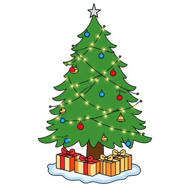 A tall Christmas tree with lush green branches full of pine needles. The tree is adorned with twinkling string lights that emit a warm glow. Colorful ornaments, including red baubles, blue stars, and golden bells, hang delicately from the branches. A bright silver star is perched on top of the tree. There are wrapped presents of various sizes neatly arranged at the base of the tree, some with shiny ribbons and festive patterns. The floor underneath the tree is covered with a soft, white blanket resembling snow.