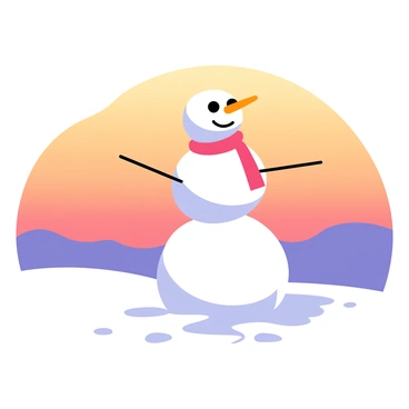A snowman with a round body made of three snowballs is standing on a snowy ground. The snowman's eyes are made of dark coal, and it has a bright orange carrot for a nose. Its stick arms are outstretched, and it wears a red scarf around its neck. In the background, the sky transitions from orange to purple, indicating a sunset. The warm glow is casting soft shadows on the snow around the snowman, and small puddles of water are forming at its base, showing signs of melting.