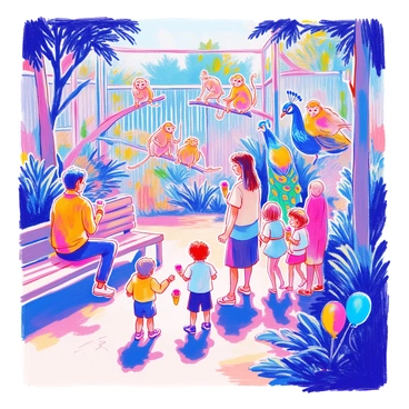 A zoo scene captures families interacting with various animals. In the foreground, a family of four is gathered near a large enclosure, watching a group of playful monkeys swinging from branch to branch. Nearby, a young boy is pointing excitedly at the monkeys while his sister giggles beside him. Behind them, another family is observing a vibrant peacock displaying its feathers, with bright blues and greens shimmering in the sunlight. Children are holding ice cream cones, and there are colorful balloons tied to a nearby bench. The atmosphere is lively, filled with laughter and excitement as visitors enjoy their day at the zoo.