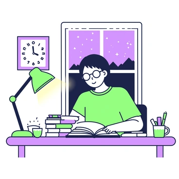A student is sitting at a wooden desk, illuminated by a desk lamp's warm glow. The student, wearing glasses, has short hair and is focused intently on an open book in front of them. Surrounding the desk are stacks of books, some open and some closed, creating a cozy yet studious atmosphere. A notebook filled with notes is placed beside the books, and a green highlighter is resting on top of it. There is a clock on the wall showing late hours, and a mug filled with pens is positioned near the lamp. A window in the background shows the night sky with stars, completing the setting of late-night studying.