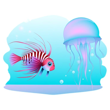 A vibrant lionfish with long, flowing fins and intricate patterns swims cautiously in the water. The lionfish showcases its striking red, white, and brown stripes, which create a stunning contrast against the surrounding blue ocean. Nearby, a translucent jellyfish drifts gracefully, its bell-shaped body glowing softly with hints of pink and purple. The jellyfish's long, trailing tentacles sway gently in the water, creating an ethereal effect as the lionfish navigates around it, maintaining a respectful distance. Bubbles rise from the sandy ocean floor, adding a dynamic element to the scene.