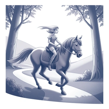 An elf with pointed ears and flowing hair sits gracefully atop a majestic horse. The elf wears intricately designed clothing that reflects a harmonious connection with nature. The horse is strong and elegant, galloping along a winding path. Lush greenery surrounds the path, including tall trees with intricate bark and delicate leaves. In the background, gentle hills rise, hinting at a serene landscape. Sunlight filters through the leaves, creating dappled shadows on the ground. The overall scene conveys a sense of adventure and tranquility in a beautiful, enchanting environment.