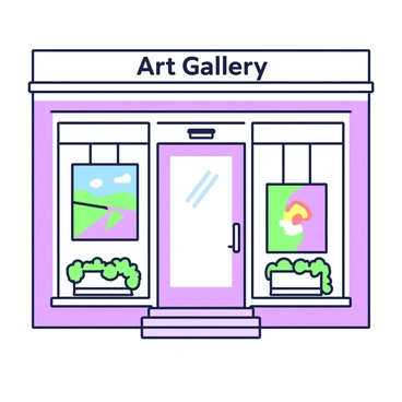 An art gallery facade is prominently displayed, featuring large rectangular windows. Each window showcases various pieces of vibrant artwork, including a landscape painting, an abstract piece, and a colorful still life. The gallery door is centered and made of glass, with sleek handles. The exterior walls of the gallery are smooth and feature an elegant design. Above the windows, a sign hangs with the text "Art Gallery" in bold letters. Flower boxes with greenery are placed beneath each window, adding a touch of nature to the scene.