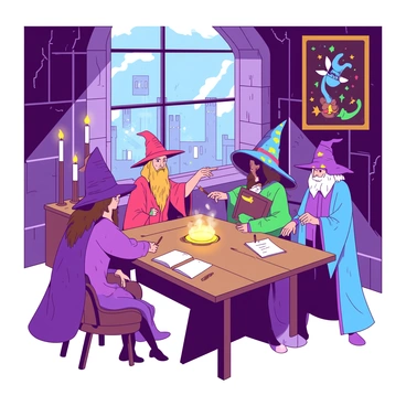 A group of young wizards in vibrant robes is gathered around a large wooden table inside a grand, ancient castle. The walls of the castle are adorned with intricate tapestries depicting magical creatures and spells. Candles with flickering flames illuminate the room, casting shadows on the stone walls. Each wizard is holding a different magical tool, such as wands or spell books. One wizard is pointing to a glowing orb hovering above the table, while another is taking notes on a parchment. A large window reveals the overcast sky outside, with the castle's towers visible in the background.