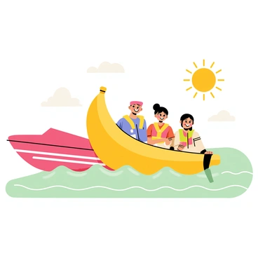 A cartoon-style illustration of a banana boat with bright yellow and orange colors, showcasing three smiling characters sitting on it wearing colorful life jackets. The banana boat is being pulled by a speedboat, which has a red hull and white stripes. In the background, there is a stylized sea with rolling turquoise waves and fluffy white clouds above. The sun is shining brightly, casting warm rays of light across the scene.