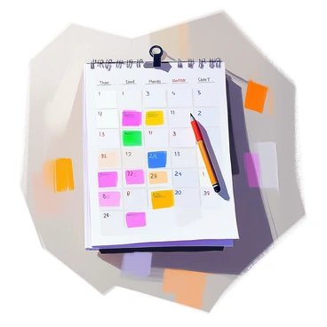 A wall calendar displayed prominently, featuring a grid layout of the months and days. The calendar includes highlighted dates marked in bright colors, each indicating important events or deadlines. Handwritten notes in various pen colors are placed around the dates, providing additional context and reminders. The background showcases a simple, uncluttered wall, allowing the calendar to be the focal point of the image.