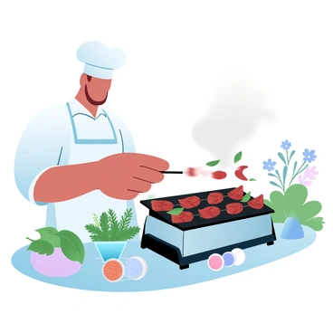 A chef in a white apron is grilling various types of food on a patio barbecue. The barbecue is filled with skewers of vegetables and pieces of meat sizzling over the flames. Surrounding the chef are pots of fresh herbs such as basil, rosemary, and thyme, arranged neatly on a table. There are colorful spices in small containers placed next to the herbs, creating an inviting atmosphere of a well-prepared outdoor cooking space. Green plants and flowers are visible in the background, adding to the lively environment.