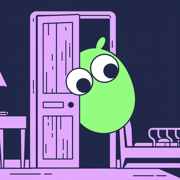 A pair of wide eyes is peering through a narrow crack in a door within a dimly lit room. The door is made of aged wood, with visible knots and grain patterns. Shadows dance across the floor, and the faint outline of furniture can be seen in the background. The eyes glisten in the low light, revealing curiosity and a hint of apprehension. The crack in the door allows a small sliver of light to break through, illuminating the edges of the door frame.