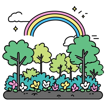 A vibrant rainbow arching across the sky, displaying a spectrum of colors. Below it, a lush tropical rainforest with dense green foliage and tall trees. The leaves are glistening with water droplets from a recent rain, and the ground is rich with dark, moist soil. Fragments of sunlight break through the clouds, casting a warm glow on the vibrant plant life. In the foreground, a variety of tropical flowers with bright colors can be seen, adding to the vividness of the scene.
