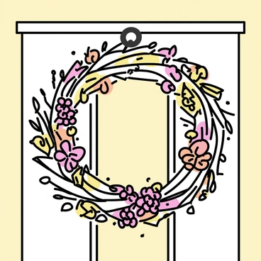 A wreath made of dried flowers, leaves, and berries, showcasing a variety of autumn colors such as deep reds, oranges, and yellows. The arrangement features tightly clustered berries interspersed with slender dried leaves and delicate flowers. This wreath is displayed prominently, hanging on a wooden door, with visible grain patterns and a warm, inviting texture. The door is painted in a soft shade that complements the vibrant colors of the wreath.