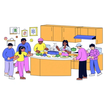 A kitchen with warm wooden cabinets and a large central island. Family members of various ages are gathered around, actively preparing meals. One person is chopping vegetables, while another is stirring a pot on the stove. A third family member is rolling out dough on the counter. The kitchen is filled with colorful ingredients, such as green vegetables and spices, arranged on the counter. There are pots and pans in use, and the atmosphere is lively and engaging. The walls are adorned with decorations celebrating Eid.