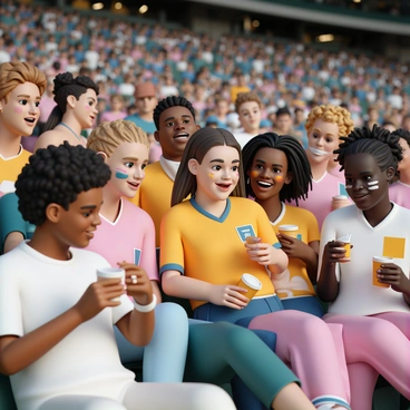 A diverse group of female fans, representing various ethnic backgrounds, are seated in the stands of a stadium, engaged in a lively discussion about the game. Each woman has a unique hairstyle, such as curly, straight, and braided hair. They are wearing team jerseys in vibrant colors, showcasing their support for the team. Some fans have face paint representing the team's colors, and they hold drinks and snacks in their hands. Their expressions are animated, with smiles and gestures as they share their thoughts, creating an atmosphere of camaraderie and excitement. In the background, the stadium is filled with people, adding to the lively environment.