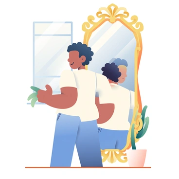 A person with medium skin tone is standing in front of a large, ornate mirror. The person has short, curly black hair and is wearing a simple white t-shirt. The mirror is framed in a golden, intricate design, reflecting the entire figure of the person. The room is softly lit, with light streaming in from a nearby window, casting gentle shadows. The person's expression is focused as they gaze into the mirror, seeing an equal reflection of themselves, perfectly mirroring their posture and expression. The floor is wooden, and a small potted plant is visible in the corner of the room.