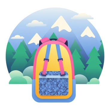 A fashionable new backpack with intricate patterns and a sleek design is prominently displayed in the foreground. The backpack has two adjustable straps, a front pocket, and is made of durable fabric in vibrant colors. In the background, majestic mountains rise against a clear blue sky, their peaks adorned with patches of snow. The mountains are surrounded by lush green forests that cascade down their slopes, adding depth to the scene. A few fluffy white clouds drift lazily across the sky, completing this picturesque outdoor setting.