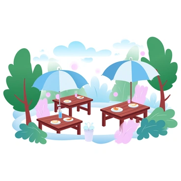 An outdoor canteen setting features several wooden tables arranged under large colorful umbrellas. Each table is surrounded by an abundance of lush greenery, including tall trees and vibrant shrubs. Soft pastel colors dominate the scene, with the sun casting a gentle light that enhances the inviting atmosphere. Plates of food and drinks are placed on the tables, and there are chairs neatly arranged around them. A few potted plants add additional bursts of color to the surroundings. In the background, hints of blue sky peek through the foliage, completing this tranquil outdoor dining experience.