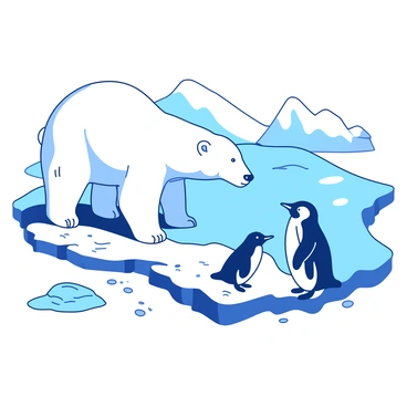 A white polar bear stands on a blue icy terrain, its thick fur shimmering in the light. The bear is positioned near a small group of icebergs, with cracks and crevices visible on their surfaces. Next to the bear, a small black and white penguin waddles on a white snowy landscape, creating small footprints in the powdery snow. The penguin looks up at the bear, both animals appearing curious about each other. In the background, more snow-covered hills rise gently, completing the polar scene.