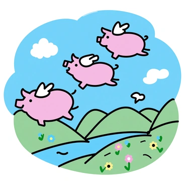 A group of flying pigs, each with fluffy white wings, is soaring through a bright blue sky. The pigs are depicted in various shades of pink. Below them, a magical landscape features rolling green hills and shimmering rivers, dotted with colorful flowers. The pigs are arranged in a way that suggests they are singing together, their mouths open in harmony. The sunlight casts soft shadows on the landscape, enhancing the vibrant colors of the scene.