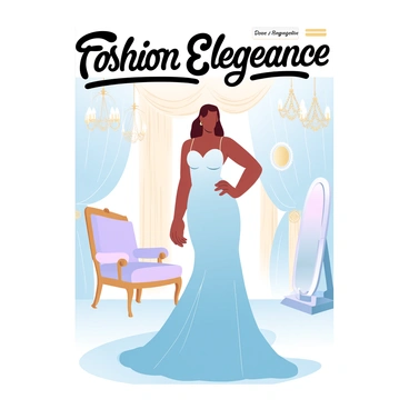 A glamorous model is standing confidently in a lavish room adorned with intricate gold accents and luxurious drapery. She is wearing an elegant, flowing gown made of rich fabric that shimmers softly. The model is striking a pose with one hand on her hip and the other gently resting by her side. In the background, there are ornate chandeliers hanging from the ceiling, casting a warm glow across the scene. Plush furniture is visible, including a velvet chair and a grand mirror reflecting the opulent surroundings. Elegant text stating "Fashion Elegance" is displayed prominently at the top of the magazine cover.