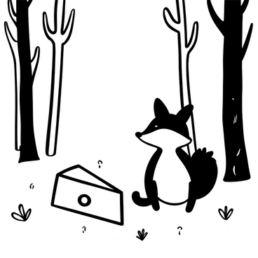 A piece of cheese resting on the forest floor, surrounded by small twigs and fallen leaves. A fox is sitting nearby, its fur sleek and bushy, with its ears perked up. The fox is looking intently at the cheese, with its tail curled around its body. In the background, tall trees with textured bark create a natural setting, while dappled light filters through the canopy above.