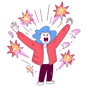 A character with bright blue hair is standing in the center, their eyes wide with excitement. They are wearing a vibrant red jacket, and their arms are raised high as if celebrating a victory. Surrounding the character are several bursts of energy in various shapes and sizes, radiating outward in different directions. The bursts are a combination of orange and pink hues, creating a lively and dynamic atmosphere around the character. The character's expression conveys pure joy, emphasizing their energetic presence in this captivating scene.