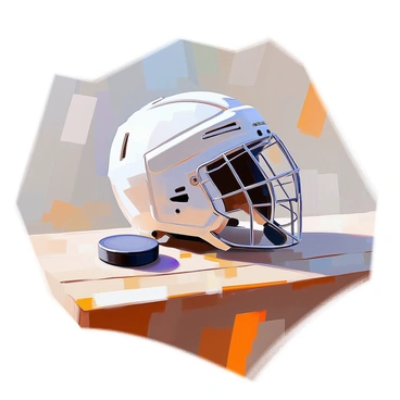 A protective helmet placed next to a hockey puck on the bench