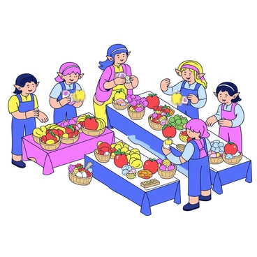 A lively market scene filled with elves engaging in trade. The elves have pointed ears and wear colorful clothing that reflects their surroundings. Stalls are arranged in neat rows, displaying an array of vibrant goods. There are baskets overflowing with exotic fruits, including bright red apples, yellow bananas, and purple grapes. The elves are interacting with each other and customers, showcasing the colorful items they have for sale, such as intricate jewelry and handmade crafts. The atmosphere is bustling with activity, highlighting the joy of commerce in this enchanting market.