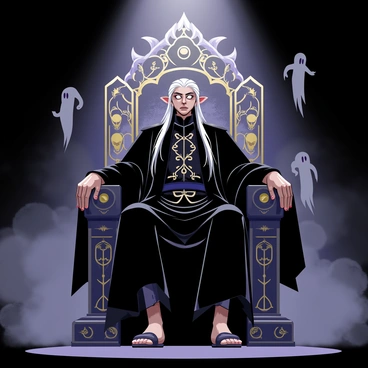 Ryomen Sukuna sitting on an ornate, intricately designed throne. He has two distinct faces, one fierce and the other calm, gazing out with piercing eyes. His long, flowing hair cascades around him, and he wears traditional dark clothing adorned with ancient symbols. Around him, shadows swirl, creating a dark and eerie atmosphere filled with mist. Faint, ghostly figures can be seen hovering in the background, enhancing the haunting scene. A dim light casts dramatic shadows, emphasizing the throne's details and his imposing presence.