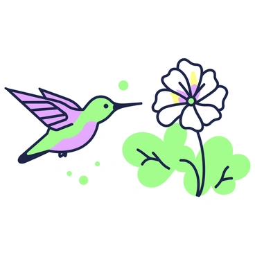 A hummingbird is hovering in mid-air near a flower. The bird has iridescent feathers and its wings are rapidly beating. The flower has delicate petals and is positioned to the right of the hummingbird. It is blooming with visible stamen and vibrant details. The background is a soft, blurred representation of foliage, allowing the focus to remain on the interaction between the hummingbird and the flower. The overall composition captures a moment of nature in action.