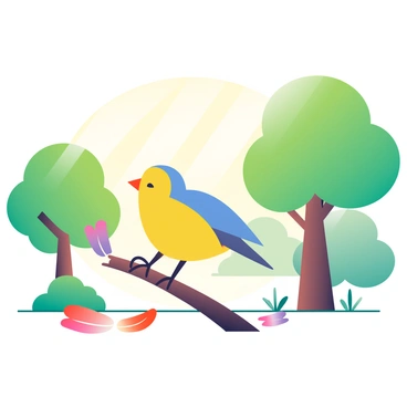 A joyful bird playing with colorful feathers in a sunlit forest