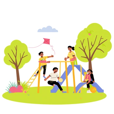 A bright park filled with vibrant green grass and colorful flowers. A group of four children is playing together; one child is flying a red kite high in the sky, while another is climbing a wooden jungle gym. A third child is sitting on a blue slide, laughing, and a fourth child is playing with a yellow ball nearby. Trees with leafy branches provide shade around the area. A few fluffy white clouds float in a blue sky above, completing the playful atmosphere.