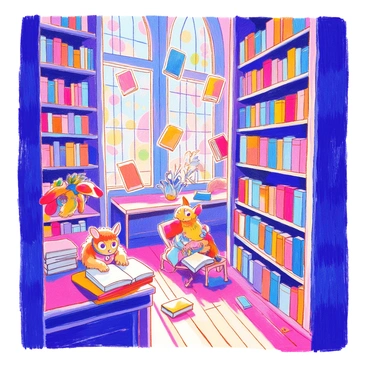 A magical library features rows of towering shelves filled with colorful books. Several books are floating in mid-air, gently hovering as if guided by an unseen force. Strange creatures, resembling a mix of whimsical animals and fantastical beings, are scattered throughout the library. One creature, with large expressive eyes and a bushy tail, is perched on a shelf, intently reading a book. Another small creature with colorful feathers is examining a tome while sitting on a desk. Soft light filters through stained-glass windows, casting colorful patterns on the wooden floor. The atmosphere is filled with a sense of wonder and enchantment.