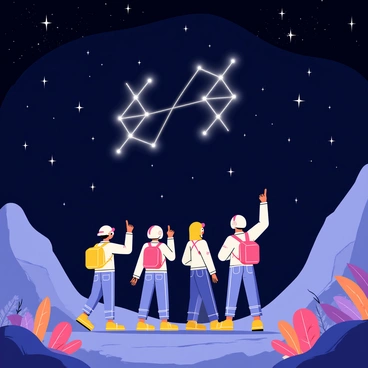 A group of four travelers stands on a rocky alien landscape, gazing up at the night sky filled with bright stars. They are dressed in futuristic exploration gear, with helmets and backpacks. The stars above are twinkling, and the Gemini constellation is clearly visible, represented by two larger-than-life figures made of luminous starlight. Each figure is connected by shimmering lines, creating a striking visual. The ground is scattered with unusual extraterrestrial plants that glow softly in various colors, adding a magical element to the setting. The travelers point excitedly at the constellation, capturing the sense of wonder and adventure in exploring the cosmos.