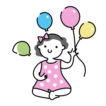 A baby girl is sitting on a soft surface, wearing a bright polka dot dress with white dots on a pink background. Her hair is adorned with a matching pink bow that sits atop her head. Around her are several colorful balloons in shades of red, blue, yellow, and green, floating gently around her. The baby girl is smiling and reaching out towards the balloons, creating a joyful atmosphere.
