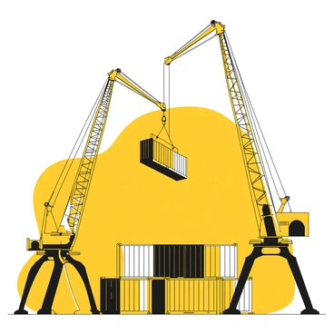 A series of cranes at a busy port, each with long, articulated arms extending skyward. The cranes are maneuvering cargo containers, lifting them gracefully into the air. Each crane's arm is positioned at different angles, showcasing their synchronized movements as they work together. Below the cranes, a variety of cargo containers are stacked neatly, displaying different shapes and sizes. The scene captures the dynamic interaction between the cranes as they perform their coordinated task against the backdrop of the port.