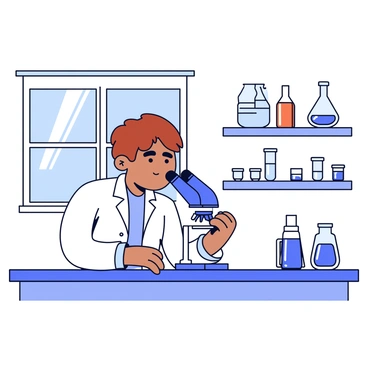 A young scientist with short brown hair is wearing a white lab coat. The scientist is focused on looking through a microscope, with a thoughtful expression on their face. The lab is filled with various scientific equipment, including beakers and test tubes on a counter. A large window allows natural light to illuminate the workspace, creating a bright atmosphere.