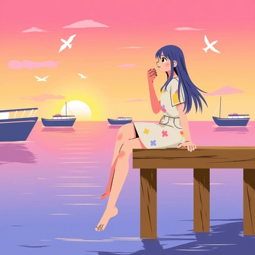 A young anime girl with long flowing hair is sitting on the edge of a wooden dock by a harbor. She is wearing a light summer dress with colorful patterns. The sky is painted in vibrant shades of orange, pink, and purple as the sun sets on the horizon. In the background, there are several boats gently bobbing in the water, and the calm waves reflect the sunset colors. The girl gazes thoughtfully at the scenery, with her legs dangling over the side of the dock. A few seagulls are flying overhead, adding to the peaceful atmosphere.