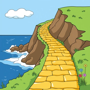 A vibrant yellow brick road winds its way along a steep coastal cliff. The road consists of shiny, smooth, rectangular bricks that catch the sunlight. Below the cliff, the ocean stretches out, with waves crashing against the rocks, creating white foam. The sky is a clear blue, and a few fluffy white clouds hang above. To the side of the road, there are patches of green grass and colorful wildflowers swaying in the gentle breeze. The cliffside is rugged, dotted with small boulders and tufts of grass. The scene showcases a beautiful contrast between the bright yellow road and the deep blue ocean below.