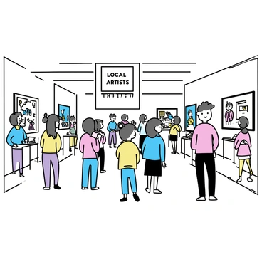 A spacious community exhibition hall filled with small groups of people admiring artwork. The walls are adorned with various "mimimoo illustrations," which are colorful and whimsical, depicting unique characters and scenes. There are easels displaying framed pieces and tables with brochures about the artists. A banner hanging from the ceiling reads "Local Artists Showcase." In one corner, an artist is engaging with attendees, explaining their work. The atmosphere is lively and filled with conversations about the art.