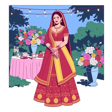 A modern Indian bride with intricate henna designs on her hands is standing gracefully at an outdoor garden reception. She is wearing a vibrant traditional lehenga adorned with gold embroidery and jewels that glimmer under the soft glow of string lights overhead. Around her, there are lush floral arrangements featuring a variety of colorful flowers, creating a lively atmosphere. The garden setting includes a beautifully set table with elegant decorations, and the evening sky is illuminated by the warm light of the string lights, enhancing the celebratory mood of the scene.